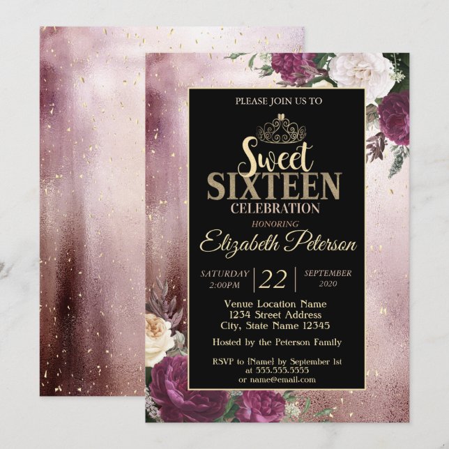 Elegant Gold Tiara,Frame Burgundy Sweet 16 Party Invitation (Front/Back)