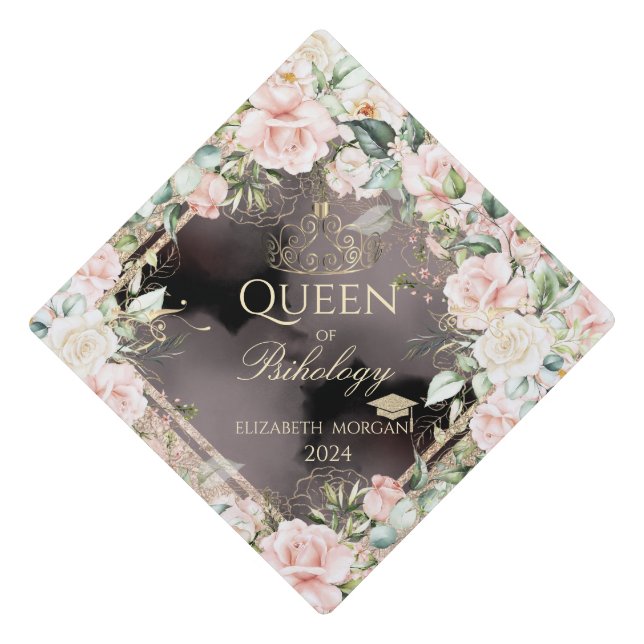 Elegant Gold Tiara Glitter Graduation Cap Roses (Front)