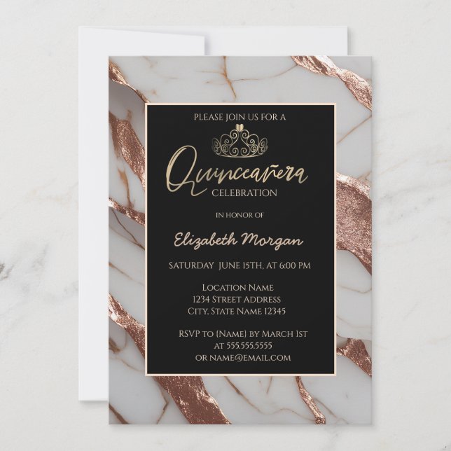Elegant Gold Tiara,Trendy Copper Glitter Marble  Invitation (Front)