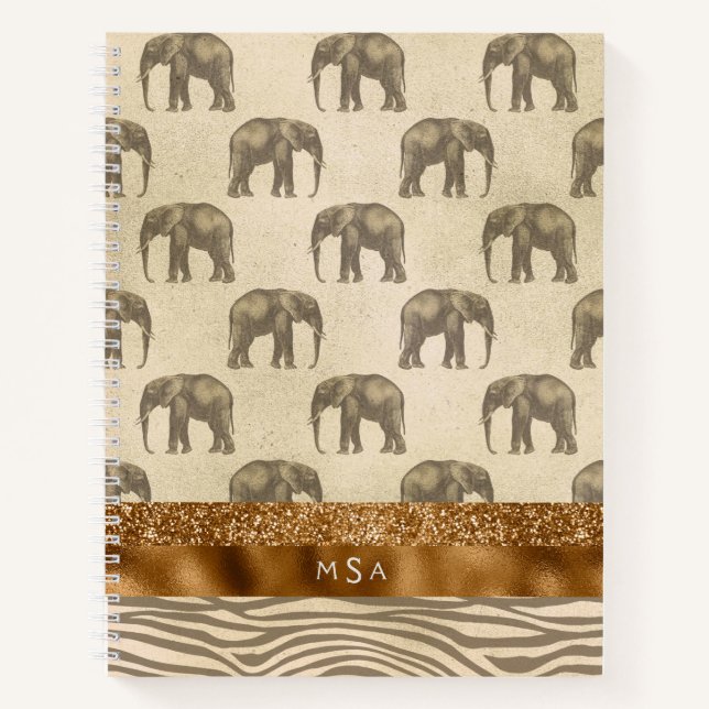 Elegant Gold Tiger Elephant Monogram Initials Notebook (Front)