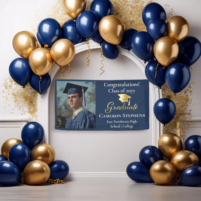 Elegant Gold Tone on Blue Graduate Photo Banner | Zazzle