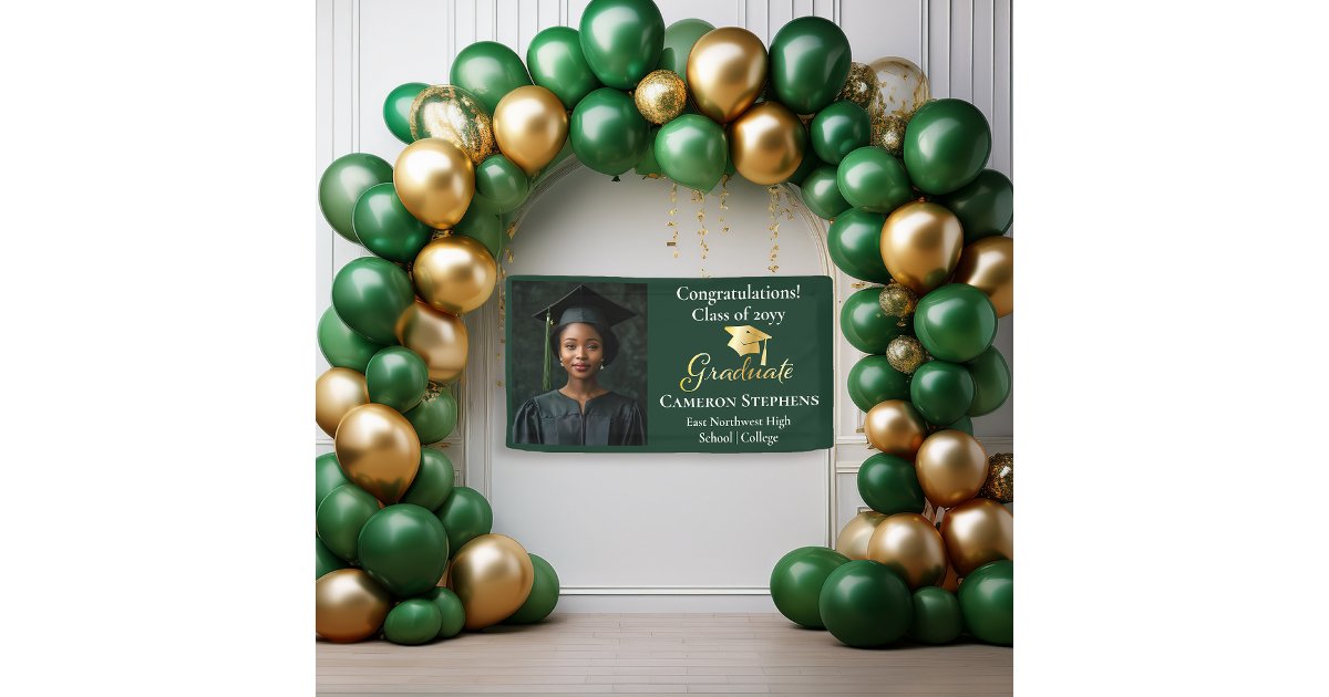 Elegant Gold Tone on Green Graduate Photo Banner | Zazzle