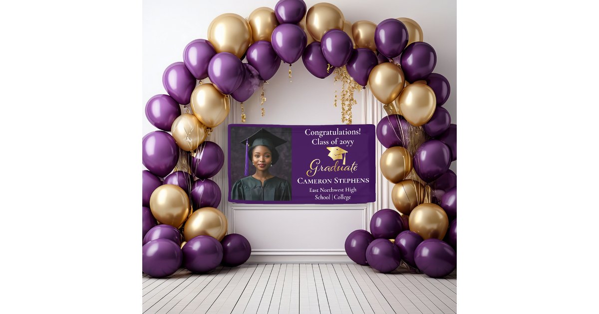 Elegant Gold Tone on Purple Graduate Photo Banner | Zazzle