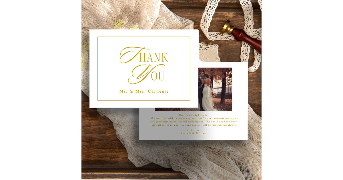 Elegant Gold-Tone Script Wedding Photo Thank You Card | Zazzle