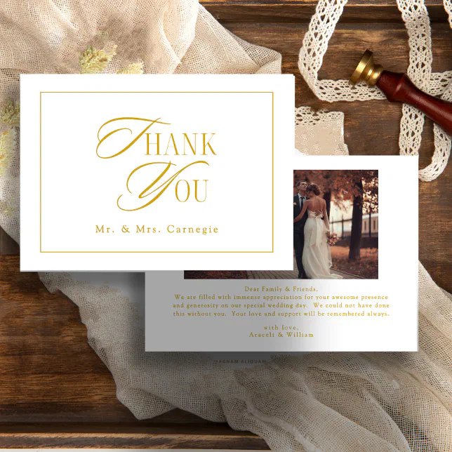 Elegant Gold-Tone Script Wedding Photo Thank You Card | Zazzle