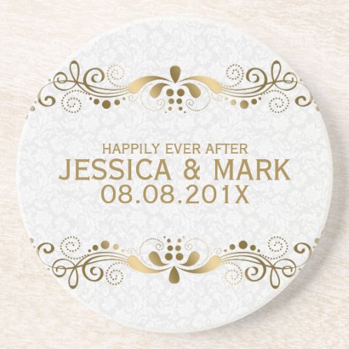 Elegant gold tones floral lace design over white f coaster