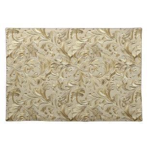 Elegant gold tooled leather floral cloth placemat