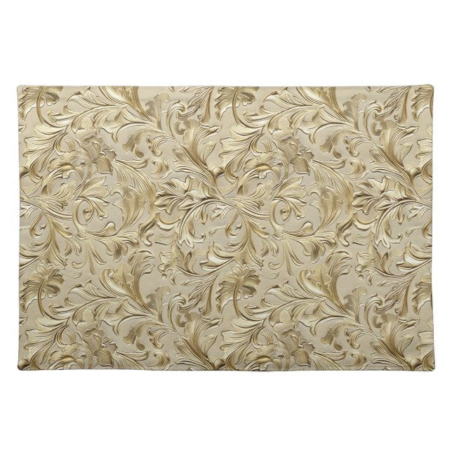 Elegant gold tooled leather floral cloth placemat (Front)
