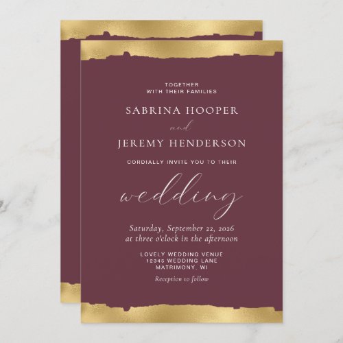 Elegant Gold Torn Edge Burgundy Wedding Invitation