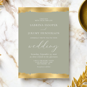 Elegant Gold Torn Edge Sage Green Wedding Invitation