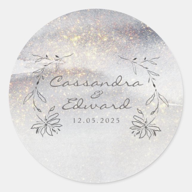 Elegant Gold Touched Silver Grey Wedding  Classic Round Sticker (Front)