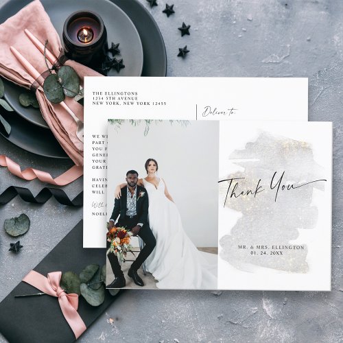 Elegant Gold_Touched Silver_Grey Wedding Thank You Postcard