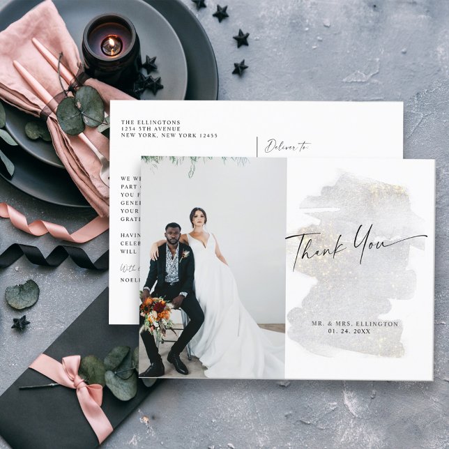 Elegant Gold-Touched Silver-Grey Wedding Thank You Postcard (Creator Uploaded)