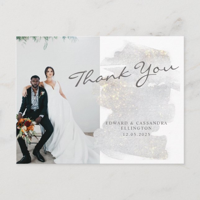 Elegant Gold-Touched Silver-Grey Wedding Thank You Postcard (Front)