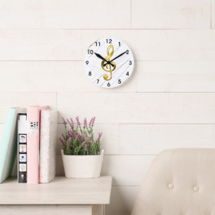 Elegant Gold Treble Clef on Black Marble Round Clock