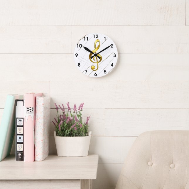 Elegant Gold Treble Clef on Black Marble Round Clock (Reading Room)