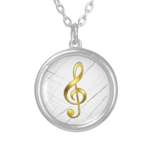 Elegant Gold Treble Clef on Black Marble Silver Plated Necklace