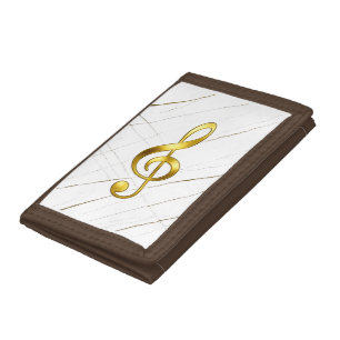 Elegant Gold Treble Clef on Black Marble Tri-fold Wallet