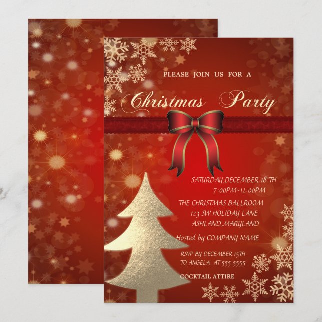 Elegant Gold Tree, Bow Corporate  Christmas Party Invitation (Front/Back)