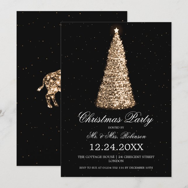Elegant Gold Tree Christmas Party w/ buffalo Invitation (Front/Back)
