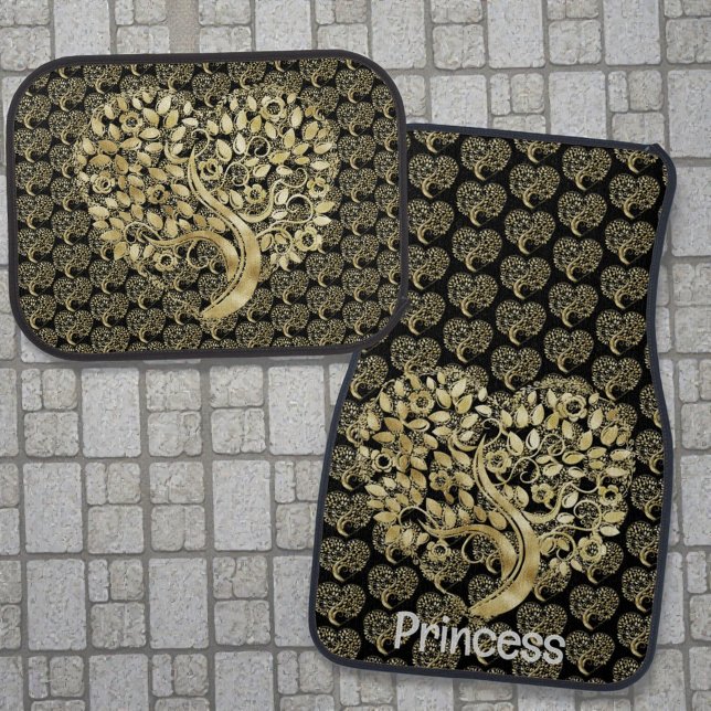 Elegant Gold Tree Heart & Background Pattern Car Floor Mat (Gold tree heart design background pattern and large design on each mat. Template text on driver mat.)