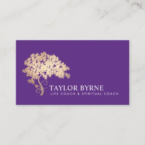 Elegant Gold Tree Logo Purple  Business Card