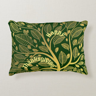 Elegant Gold Tree Of Life Green Happy Thanksgiving Accent Pillow