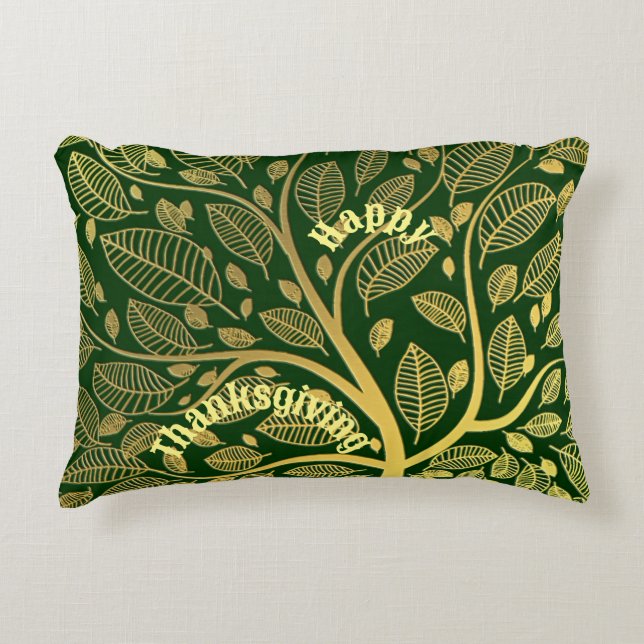 Elegant Gold Tree Of Life Green Happy Thanksgiving Accent Pillow (Front)