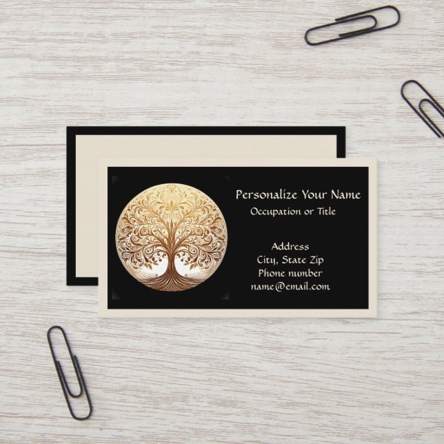 Elegant Gold Tree of Life Yoga Zen on Black Business Card (Front/Back In Situ)