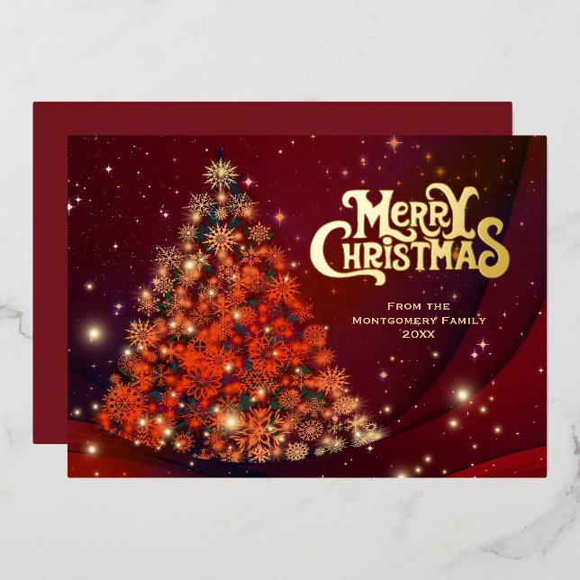 Elegant Gold Tree Script Merry Christmas Foil Holiday Card (Front/Back)