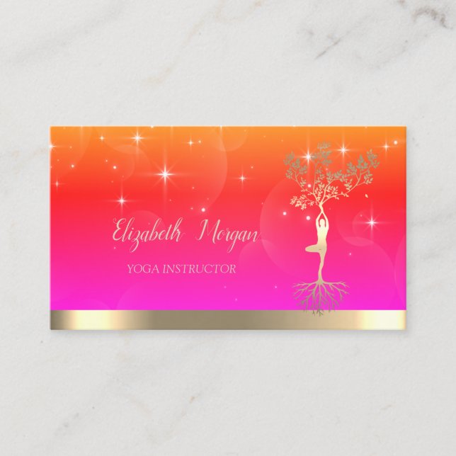 Elegant Gold Tree Women Silhouette,Yoga Instructor Business Card (Front)