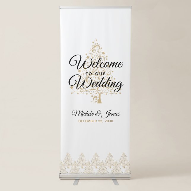 Elegant Gold Trees Winter Wedding Welcome Retractable Banner (Front)