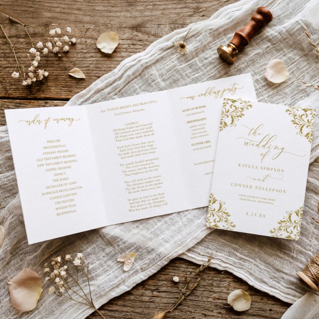 Elegant Gold Tri-fold Wedding Program Booklet (Elegant tri-fold wedding programs in vintage gold)