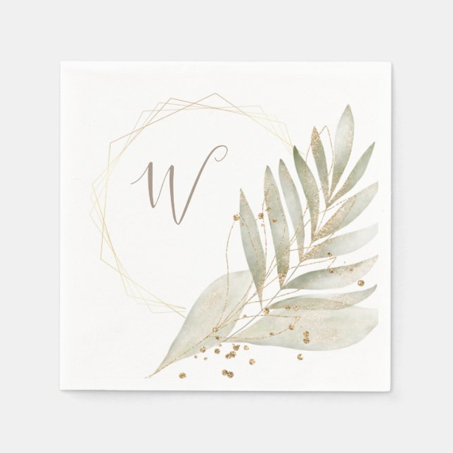 Elegant Gold Trim and Greenery & Custom Monogram Napkins (Front)