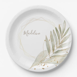 Elegant Gold Trim and Greenery with Custom Name Paper Plates