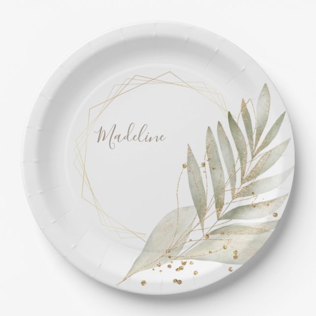Elegant Gold Trim and Greenery with Custom Name Paper Plates (Front)