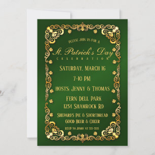Elegant Gold Trim and Shamrock St. Patrick's Day Invitation