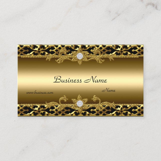Elegant Gold Trim Black Diamond Jewel Business Card (Front)