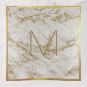 Elegant Gold Trim Marble Monogram Trinket Tray