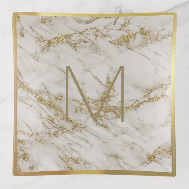 Elegant Gold Trim Marble Monogram Trinket Tray (Front)