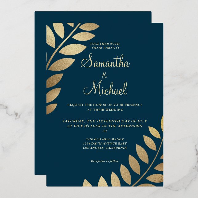 Elegant Gold Tropical Leaves Photo Wedding Real Foil Invitation (Front/Back)