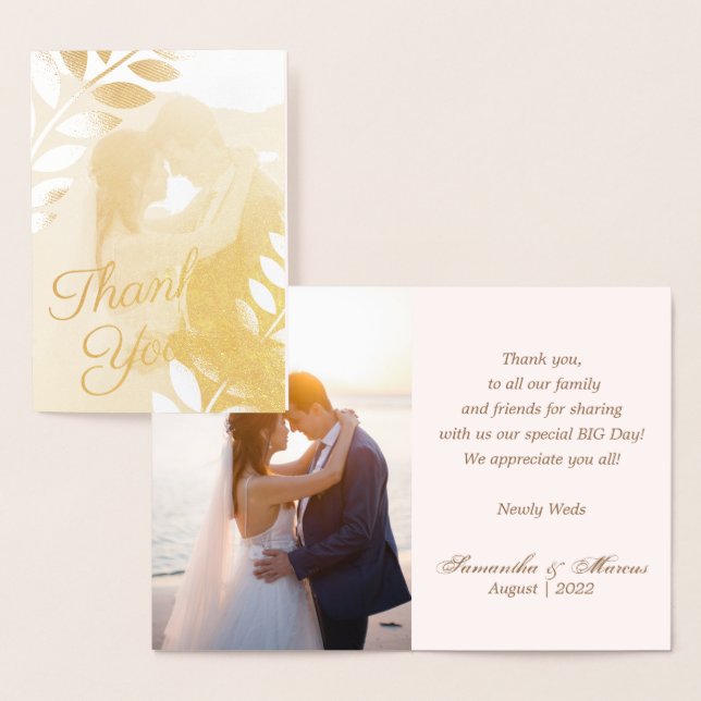 Elegant Gold Tropical Leaves Wedding Thank Y Photo Foil Card (Display)