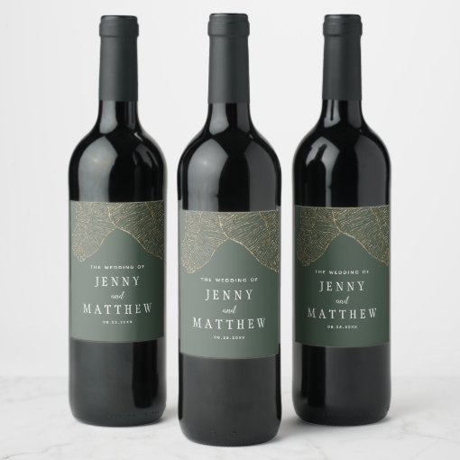 Elegant Gold Tropical Leaves Wedding Wine Label | Zazzle