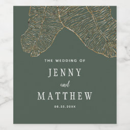Elegant Gold Tropical Leaves Wedding Wine Label | Zazzle