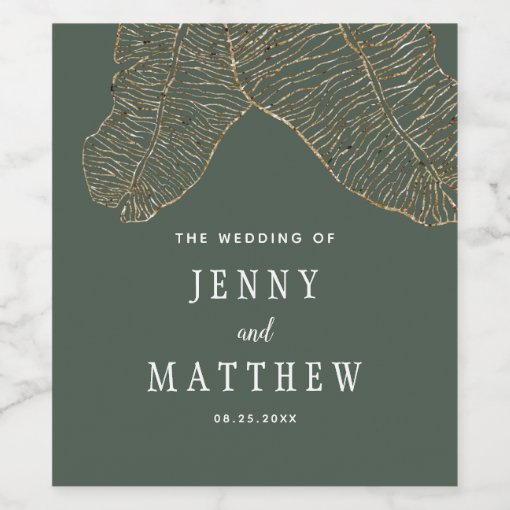 Elegant Gold Tropical Leaves Wedding Wine Label | Zazzle