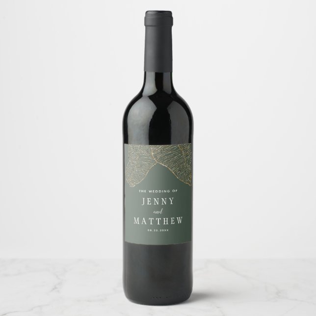 Elegant Gold Tropical Leaves Wedding Wine Label (Front)