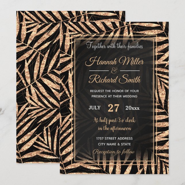 Elegant Gold Tropical Palm Leaves Black Design Invitation (Front/Back)