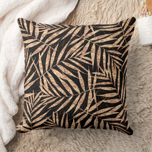 Elegant Gold Tropical Palm Leaves Black Design Throw Pillow