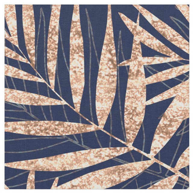 Elegant Gold Tropical Palm Leaves Blue Design Fabric (Close Up)