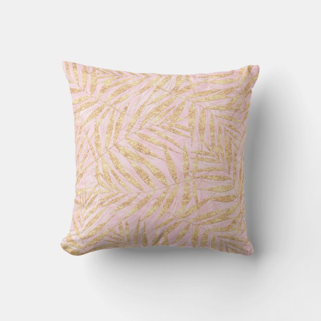 Elegant Gold Tropical Palm Leaves Pink Design Throw Pillow (Front)